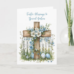 Cartão Páscoa Godson Cross White Fence Soft Blue Flowers