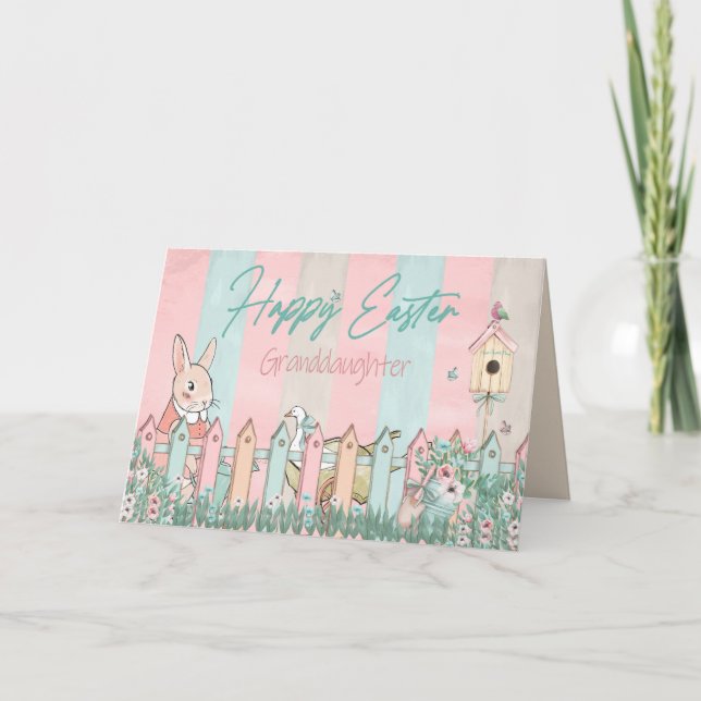 Cartão Páscoa, neta, jardinagem coelhinha, cerca (Frente)