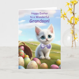 Cartão Páscoa neto com Gatinho Branco e Cesto