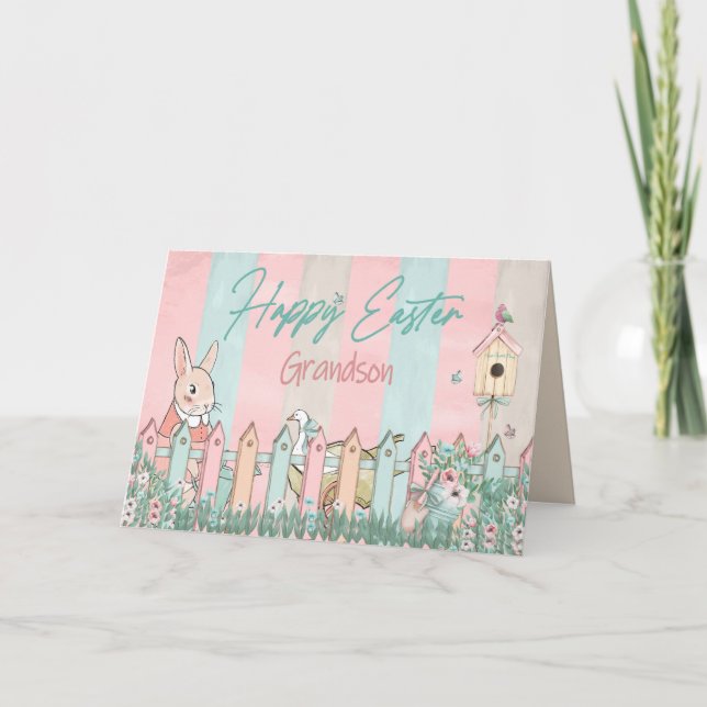 Cartão Páscoa, neto, jardinagem coelho, cerca (Frente)