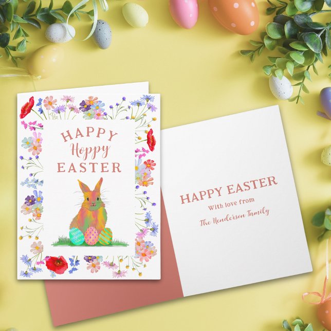 Cartão Páscoa Personalizada com Lúpulo Coelhinho Fofo Flo (Personalized happy hoppy Easter cute bunny watercolor colorful spring floral folded greetings card)