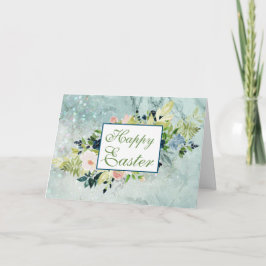 Cartão Páscoa Primavera de Buquê de Cor de Água Azul e Es