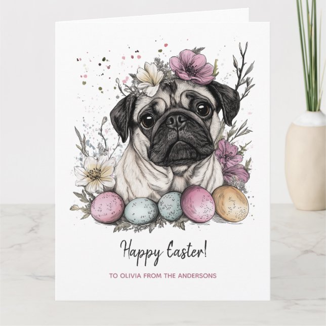 Cartão Páscoa pug, floral botânico agudo (Frente)