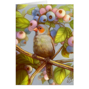 Cartão Passarinho cheeked laranja do waxbill com mirtilos