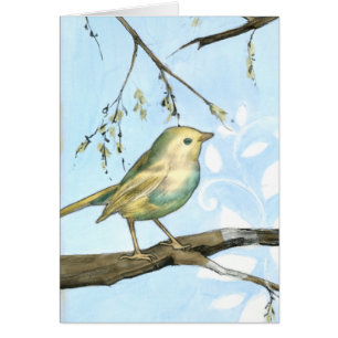 Cartão Pássaro Amarelo Pequeno Empoleirado em uma ramific