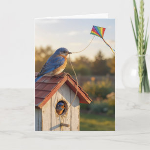 Cartão Pássaro Azul de Aniversário Voando uma Pipa