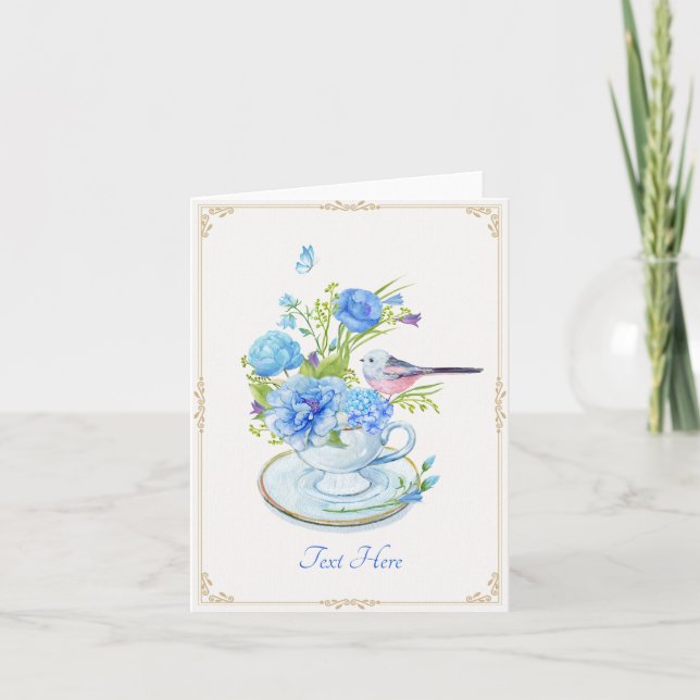 Cartão Pássaro buquê de flor azul (Frente)