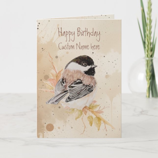 Cartão Pássaro Chickadee Nome Personalizado de Aniversári (Frente)