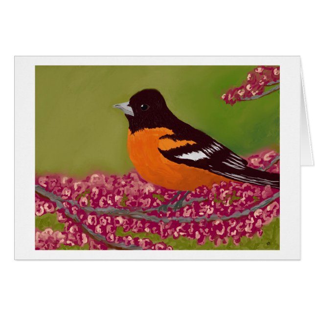 Cartão Pássaro com Flores Rosa (Frente Horizontal)