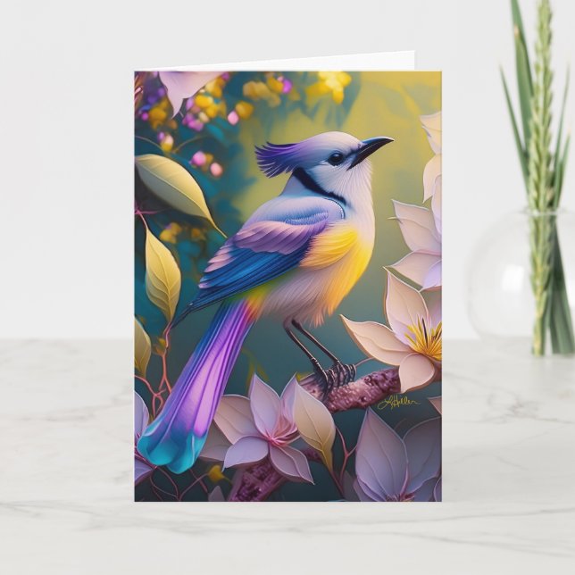 Cartão Pássaro de Fantasia Amarelo Violet Tufado (Frente)