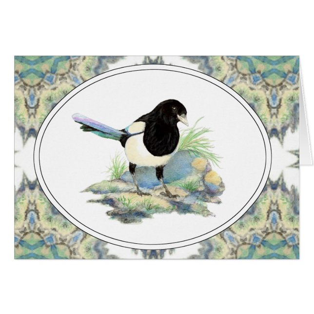 Cartão Pássaro de Jardim de Magpie com Aquarela Original (Frente Horizontal)