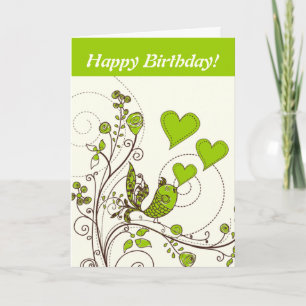 Cartão Pássaro e corações lindos verde floral, costume