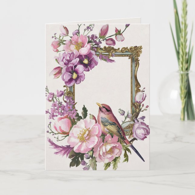 Cartão Pássaro floral rosa em aquarela  (Frente)