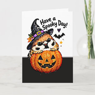 Cartão Pássaro Pardal Chibi Fofo Abóbora de Halloween