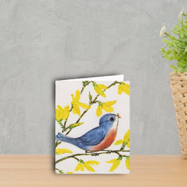 Cartão Pássaro pequeno doce Notecard (Little red and blue singing bird on branch yellow flowers on faux textured white notecards.)