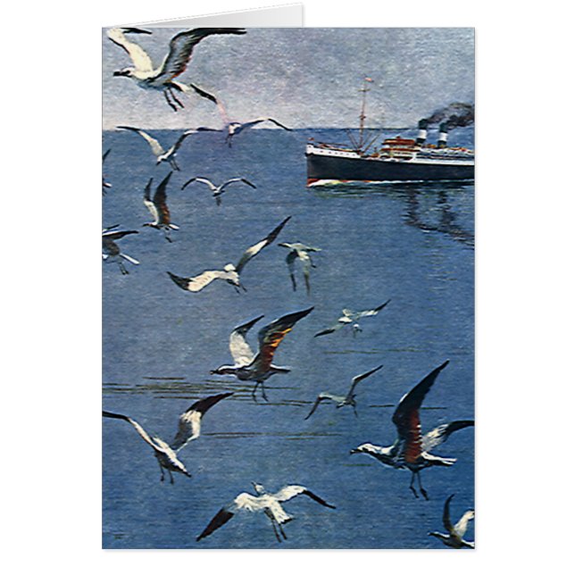 Cartão Pássaros Animais Antigos, Gaivotas e Barcos de Pes (Frente)