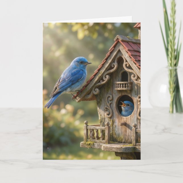 Cartão Pássaros Azuis de Aniversário com Casa de Pássaros (Frente)