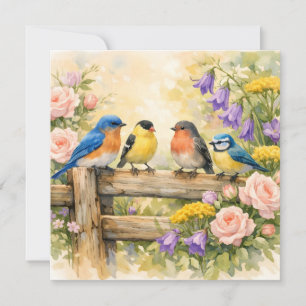 Cartão Pássaros Cantores em Aquarela na Cerca de Madeira