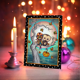 Cartão Pássaros da Mesma Pena Halloween Coruja e Garota