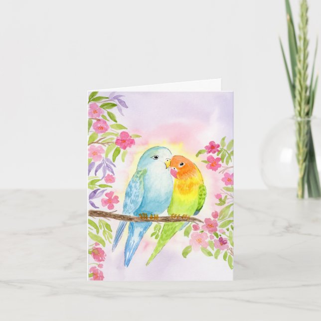 Cartão Pássaros do Amor em Aquarela com Flores Rosa (Frente)