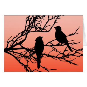 Cartão Pássaros em um galho, Preto contra Laranja Sunset