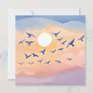 Cartão Pássaros em Voo Pôr do Sol Natureza Aquarela E
