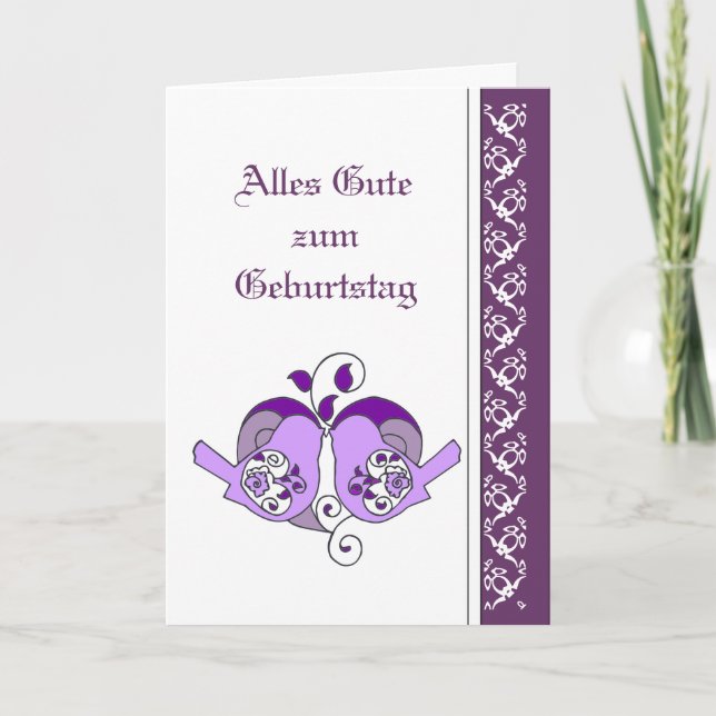 Cartão Pássaros florais roxos dos corações do aniversário (Frente)