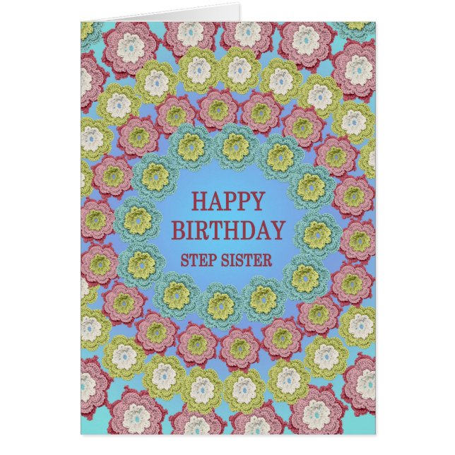 Cartão Passo Irmã Aniversário Flores de Crochet (Frente)