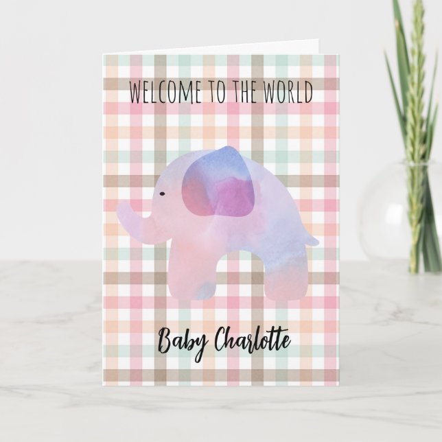 Cartão Pastel Gingham Elephant Welcome Baby Girl (Frente)