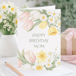 Cartão Pastel Pink Tulips Daffodils Floral Birthday Card
