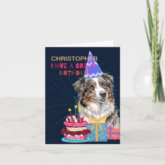 Cartão Pastor Australiano Bonito Com Bolo Aniversário