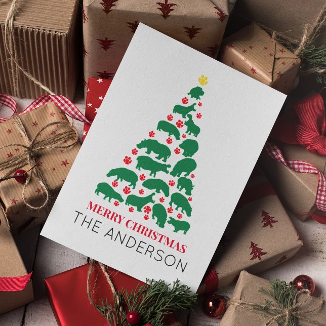Cartão Pata Vermelha de Árvore de Natal de Hippo Verde (Criador carregado)