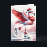 Cartão Patinação De Gelo Do Flamingo De Natal<br><div class="desc">Um flamingo vestido com um chapéu de Papai Noel e cachecol com asas estendidas graciosamente skates através de uma superfície gelada. Todo o texto pode ser alterado.</div>