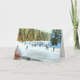 Cartão Patinadores no Gelo em uma Paisagem de Inverno em 