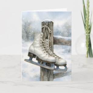 Cartão Patins de Gelo Vintage de Natal no Poste da Cerca