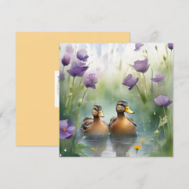 Cartão Pato adorável em aquarela e flores silvestres em b
