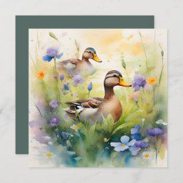 Cartão Pato adorável em aquarela e flores silvestres em b