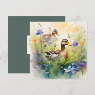 Cartão Pato adorável em aquarela e flores silvestres em b