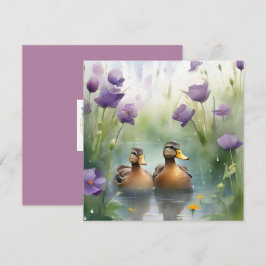 Cartão Pato adorável em aquarela e flores silvestres em b