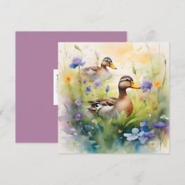 Cartão Pato Cute Watercolor e Flores Silvestres em Branco