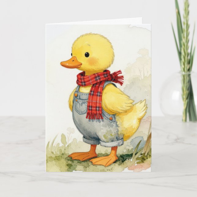 Cartão Pato de aguarela de Páscoa em macacão (Frente)