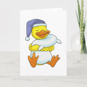 Cartão Pato na cama com touca de dormir
