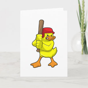 Cartão Pato no beisebol com taco de beisebol e boné