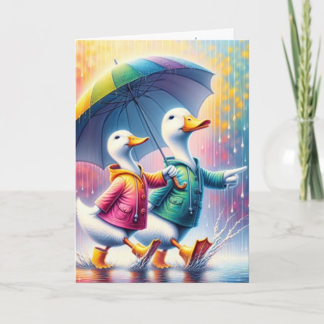 Cartão Patos De Aniversário A Caminhar Na Chuva (Frente)