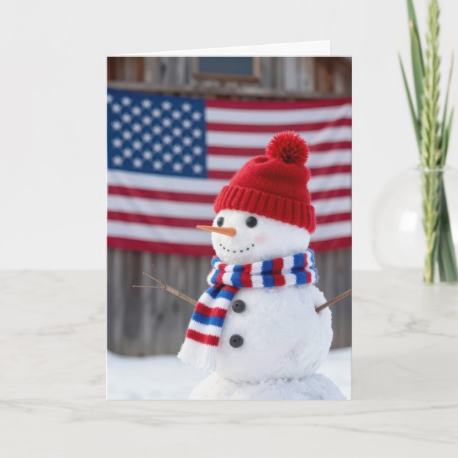 Cartão Patriotic Christmas Snowman With American Flag (Frente)
