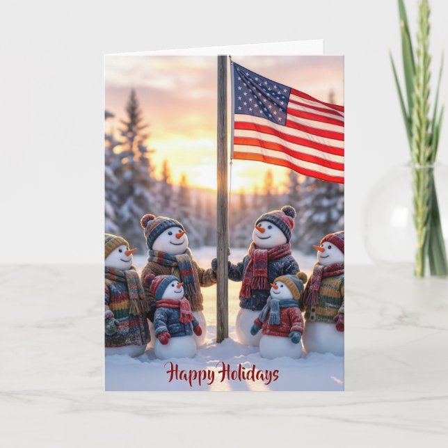 Cartão Patriotic Snowman Family With American Flag (Frente)