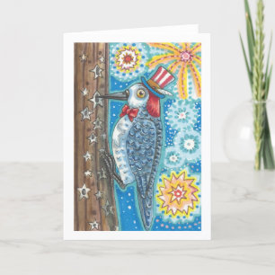 Cartão PATRIOTIC WOODPECKER FIREWORKS GREETING CARD Blnk