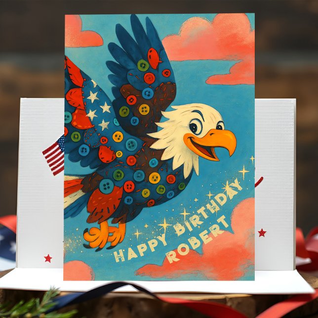 Cartão Patriótica Bald Eagle Birthday Whimsical Primitive (Joyful bald eagle birthday card with patriotic patchwork, personalized name, and heartfelt message.)