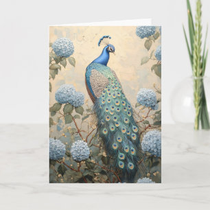 Cartão Pavão Elegante com Pintura a Óleo de Hydrangeas Az