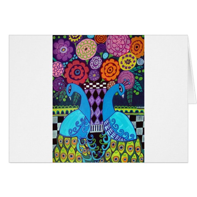 Cartão Pavões com arte das flores pela urze Galler (Frente Horizontal)